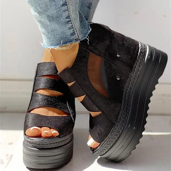 Side Zipper Peep Toe Patchwork Platform Sandals