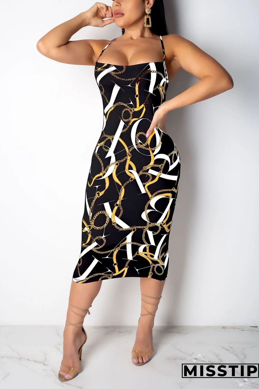 Dark Blue Chain Print Back Hollow Out Slip Dress