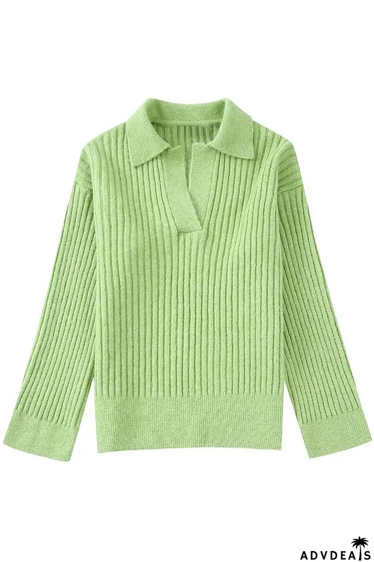 Green Lapel Ribbed Knitted Sweater