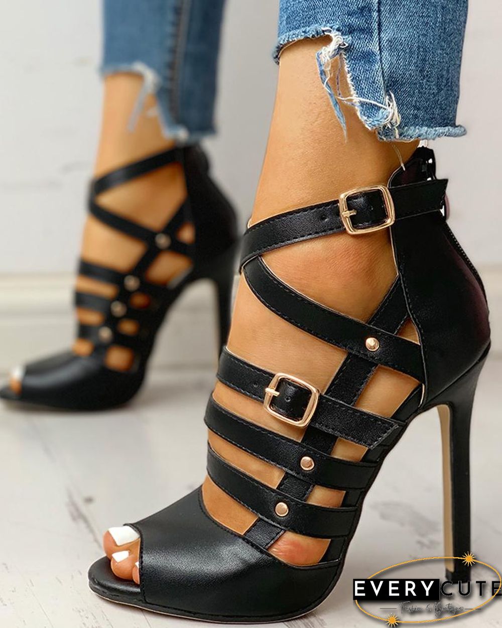 Solid Hollow Out Ankle Strap Thin Heeled Sandals