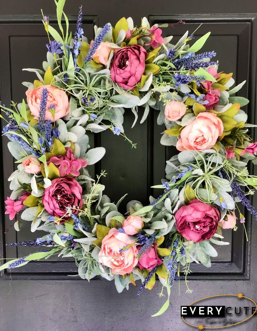 Summer peony wreath for front door - Lambs ear farmhouse wreath