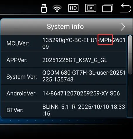 System info showing MPb in the Android screen MCU version