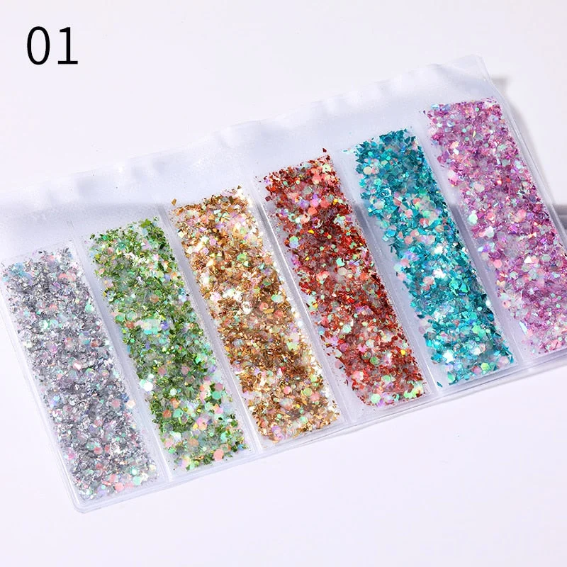 6 grid/bag Mixed Nail Glitter Powder Sequins Colorful Nail Flakes Sticker 3D DIY Nail Sliders Dust For Nail Art Decorations