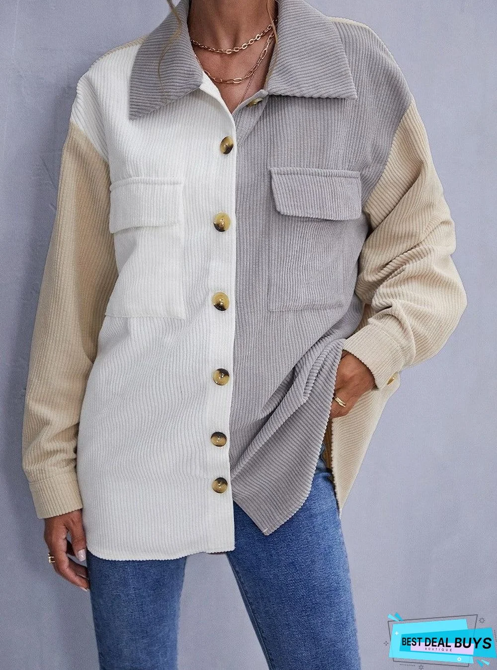 Fall/Winter Corduroy Color Matching Single-Breasted Jacket