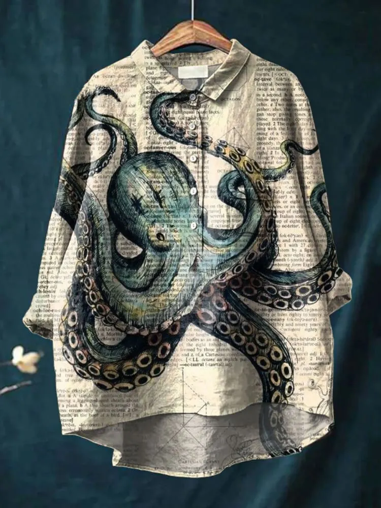Women's  Octopus Print Casual Cotton And Linen Shirt