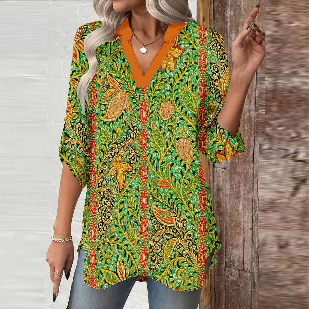 Women Tropical, Green, Orange DZGA0093 3/4 Sleeve V-neck Printed Graphic Button Tops