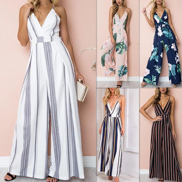 Women striped halter jumpsuit casual Broad leg pants floral printed backless rompers