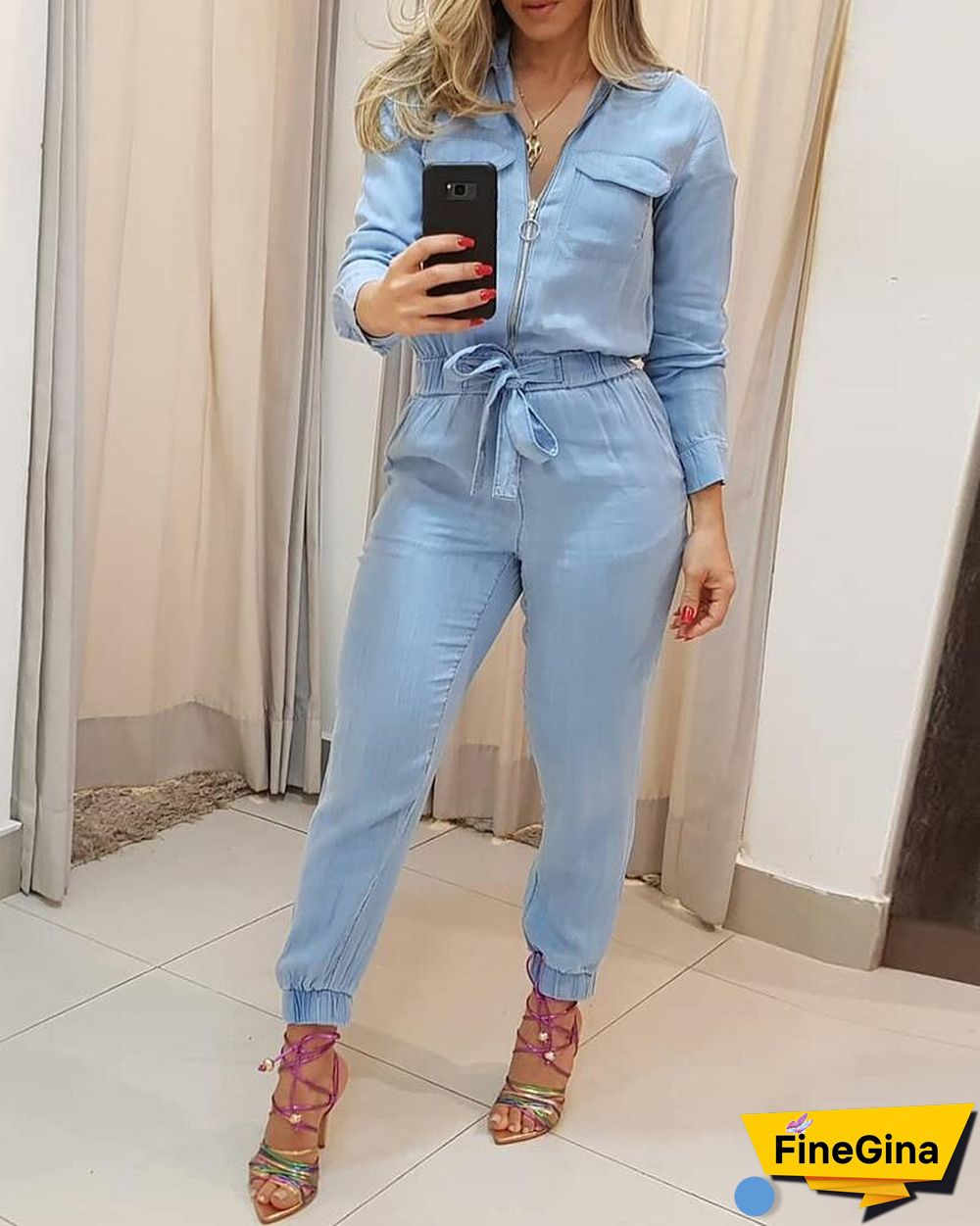 Female Long Sleeve Slim Fit Lace Up Waist Jumpsuit Casual Jumpsuits