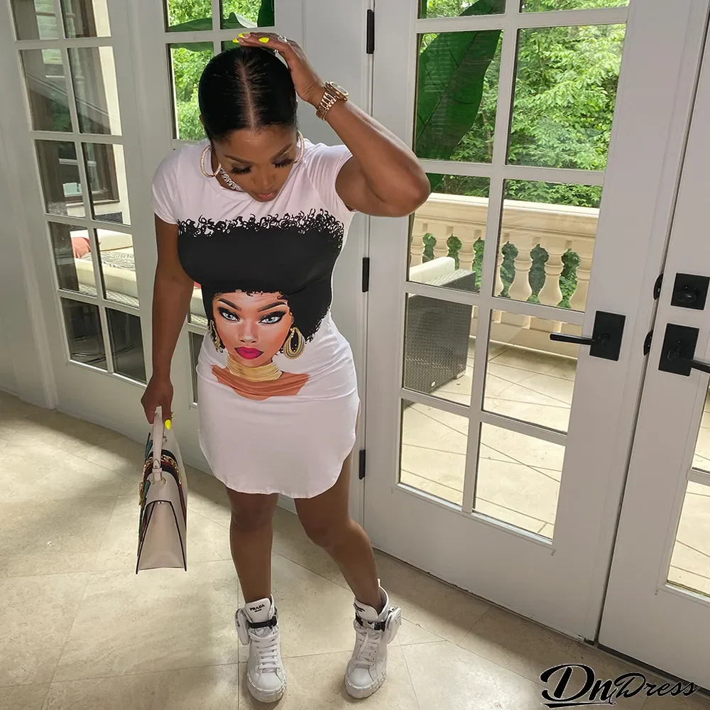Fashion Print Round Neck Short Sleeve Back Hollow Out Sexy Dress