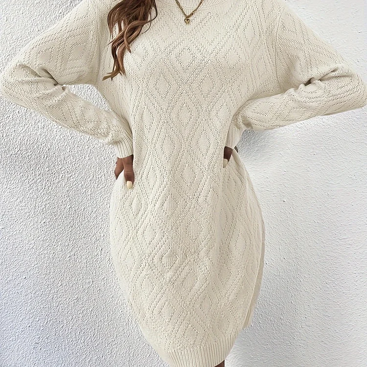 Solid Long Sleeve Textured Dress, Casual Crew Neck Knit Dress, Women's Clothing