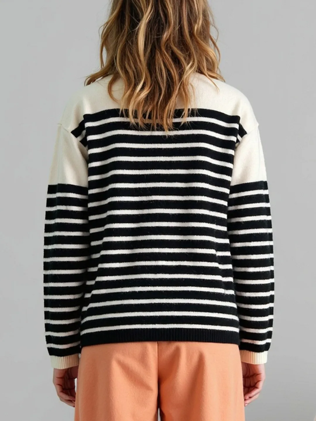 Nigikala Nigikala And Winter Single-Dcup Buckle V-Neck Pocket Knitted Cardigan New Striped Impact Coat