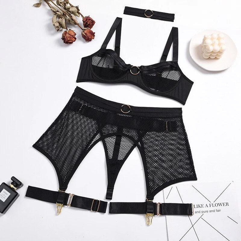 MIRABELLE 4-Piece Set Erotic Lingerie Transparent Bra And Panties Sets Push Up Mesh Underwear Brief Garters Sets Sexy Erotic