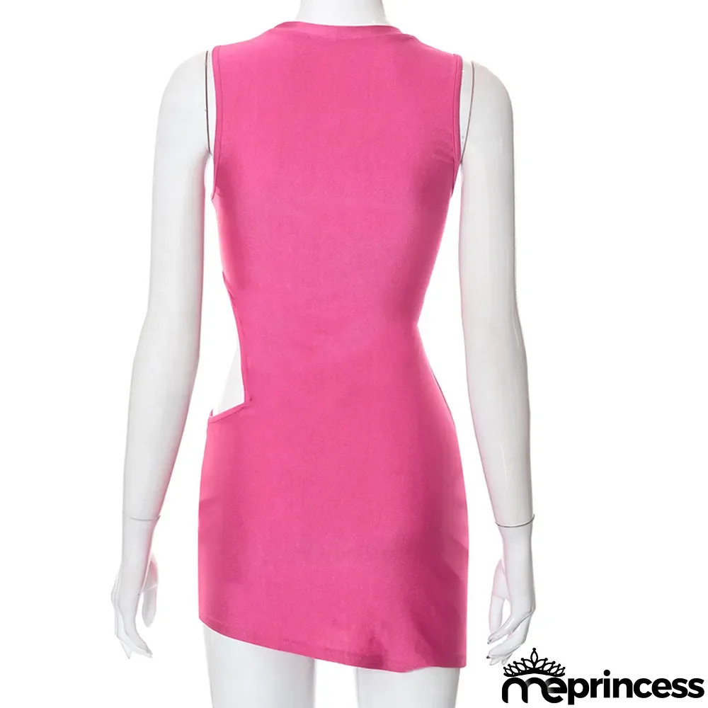 Summer Solid Sleeveless Hollow Out Bandage Bodycon Mini Dress