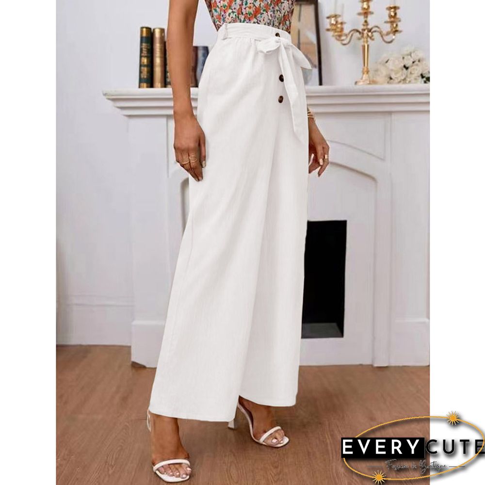 White Elastic Tie Waist Wide Leg Pants