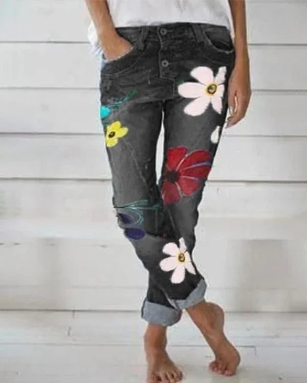 Women Vintage Floral Fashion Denim Bottoms Jeans Pants P104478