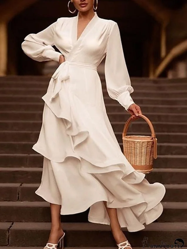 Casual Dress Swing Dress White Dress Long Dress Maxi Dress White Long Sleeve Pure Color Ruffle Winter Fall Autumn V Neck Modern Winter Dress Weekend Fall Dress S M L XL for Women