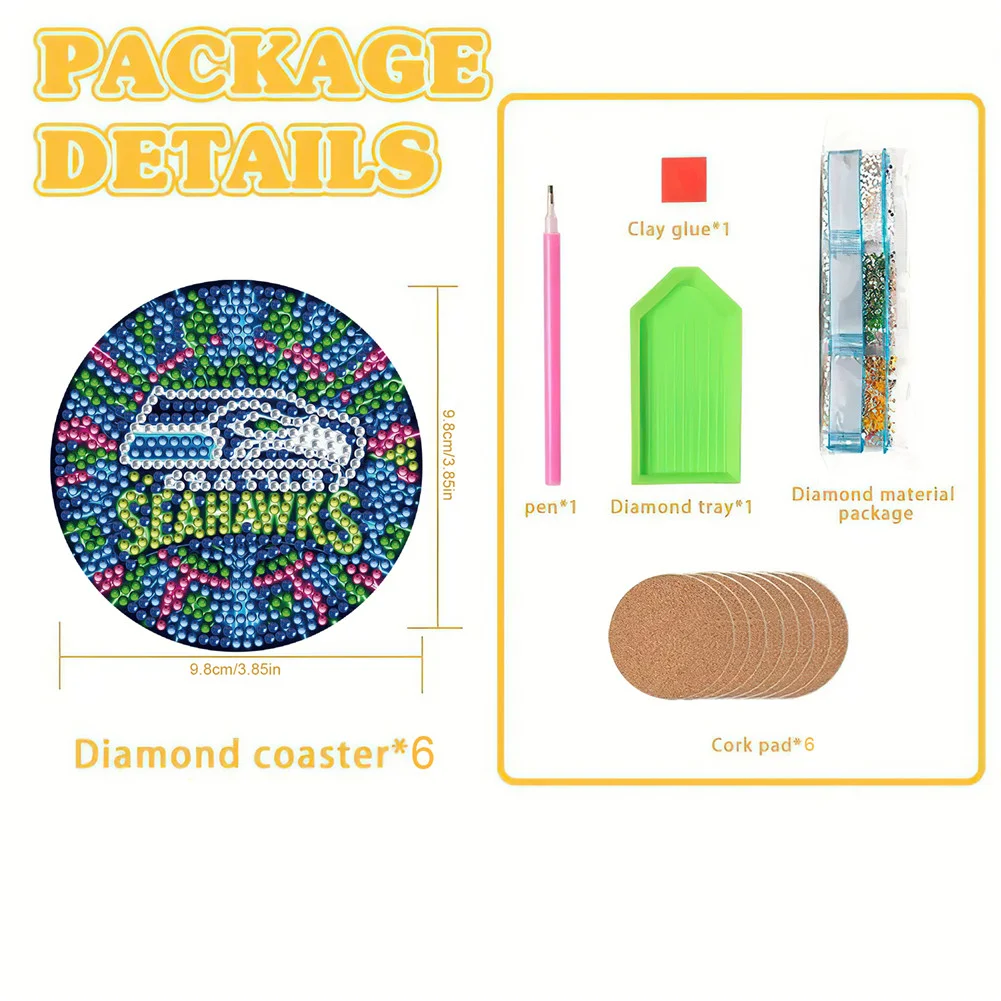 Seattle Seahawks 6pcs DIY Diamond Painting Acrylic Coasters Holder for Beginner Adult