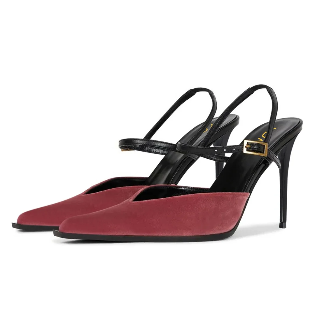 Maroon Buckled Pointed Toe Pumps Ankle Strap Stiletto High Heels