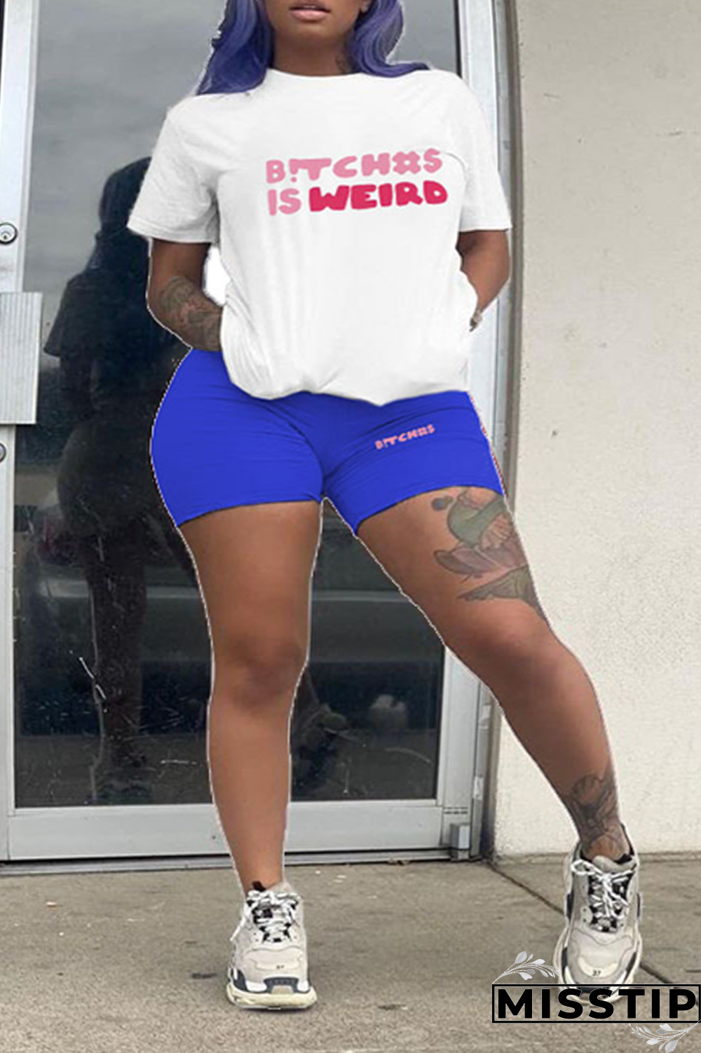 Blue Street Print Patchwork O Neck Plus Size Two Pieces