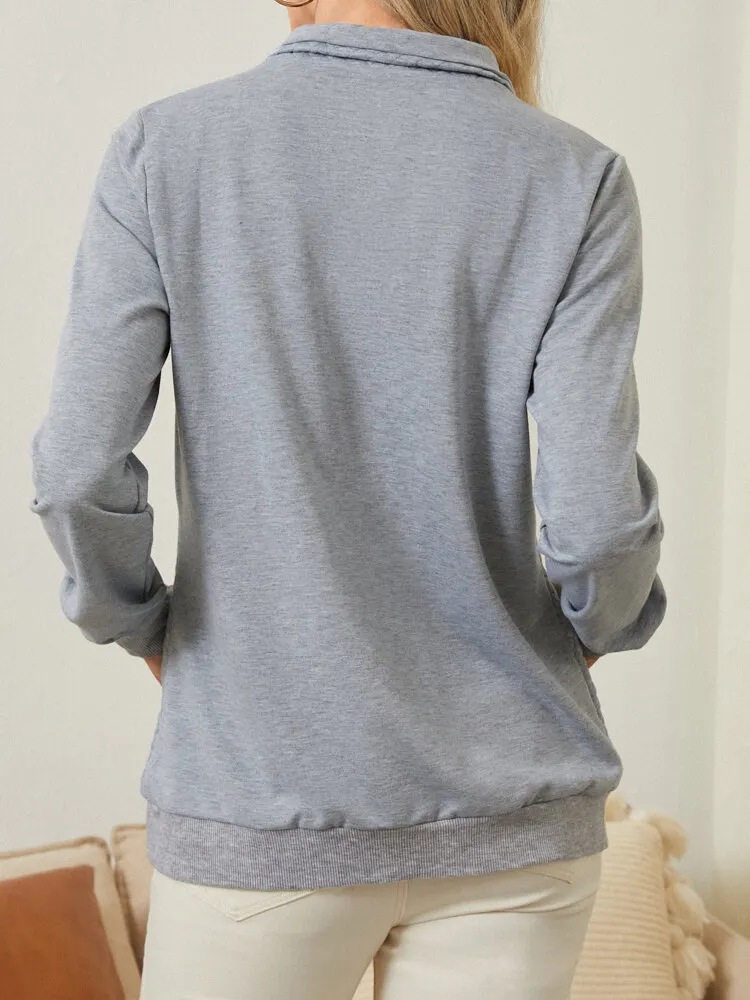 Solid Zip Front Pocket Long Sleeve Lapel Women Sweatshirt