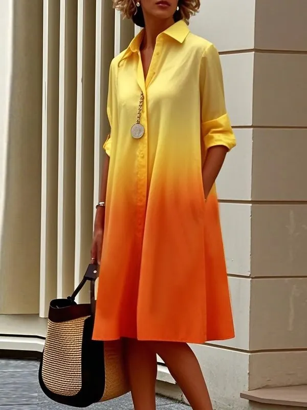 Long Sleeves Loose Buttoned Contrast Color Gradient Lapel Midi Dresses Shirt Dress YELLOW ORANGE-M