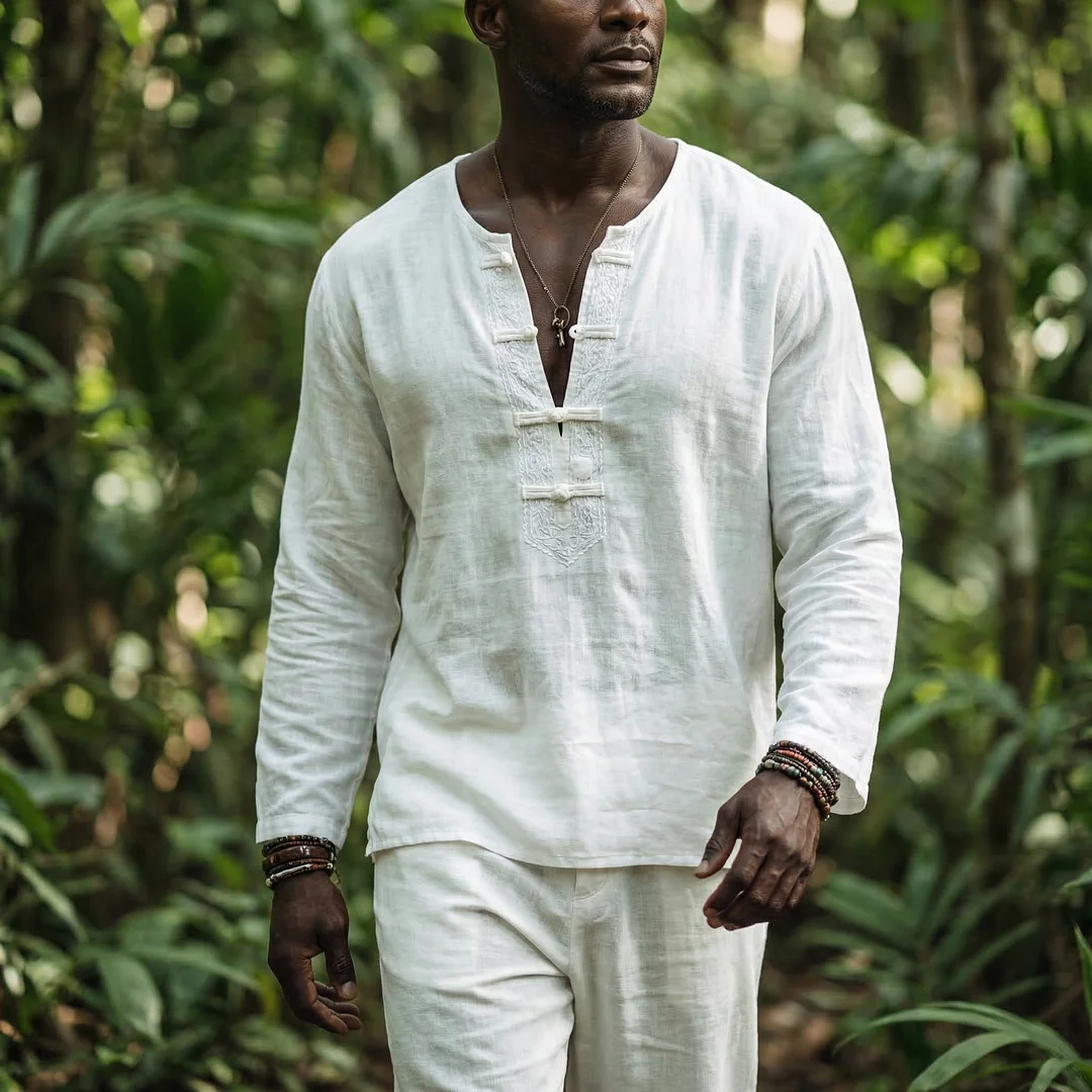 Linen V-neck Button-down Long-sleeved Shirt, Casual, Loose, Breathable And Comfortable Top.-INSPIREUSE