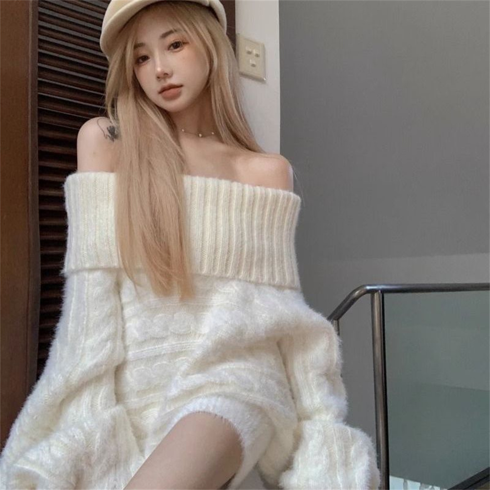 Chatztokens Women's Sweaters Slash Neck Knitted Pullover Sweet Girls Autumn Winter New Clothing Loose Knitwear Female Long Sleeve Pullovers