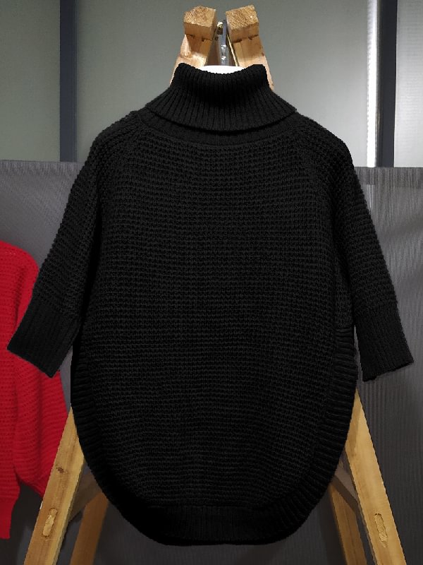 Simple Split-Side Solid Color High-Neck Sweater