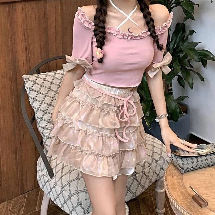 Sweet Chanpagne Cute High Waist Skirt Pink Tops SP17237