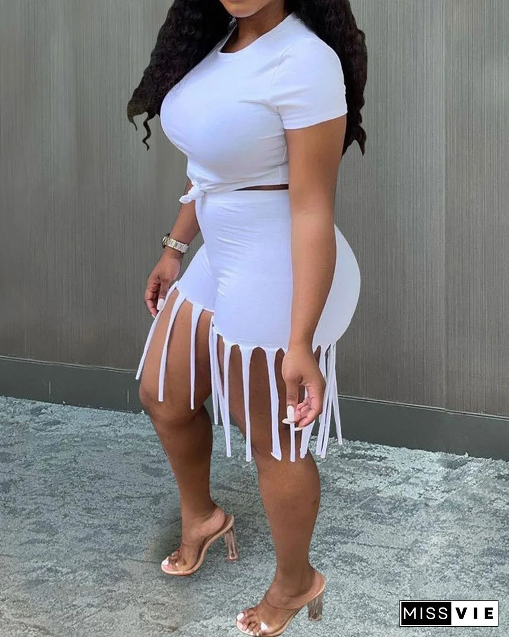 Sporty Fringe Embellished Bodycon Tank & Shorts 2-piece set