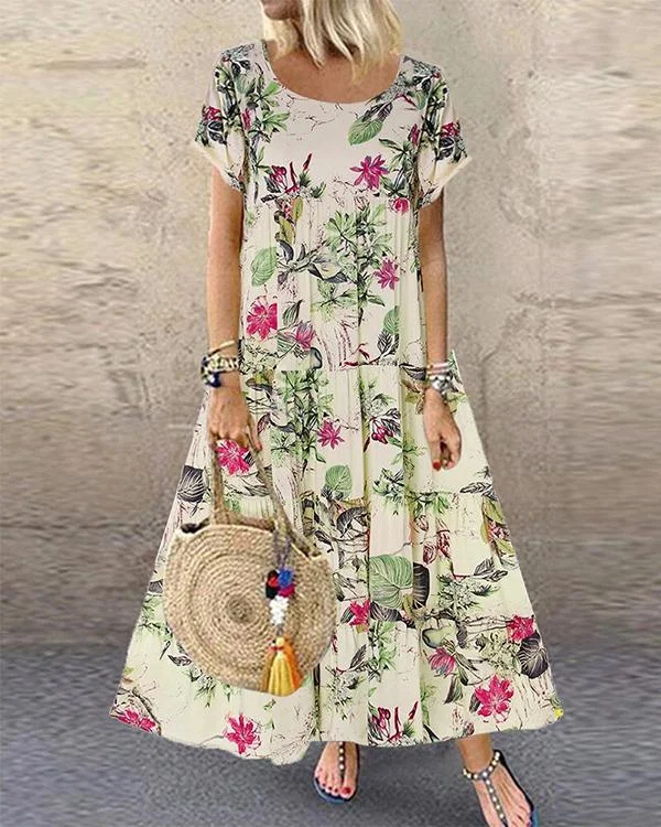 Vintage Floral Printed Short Sleeve Overhead Maxi Dress