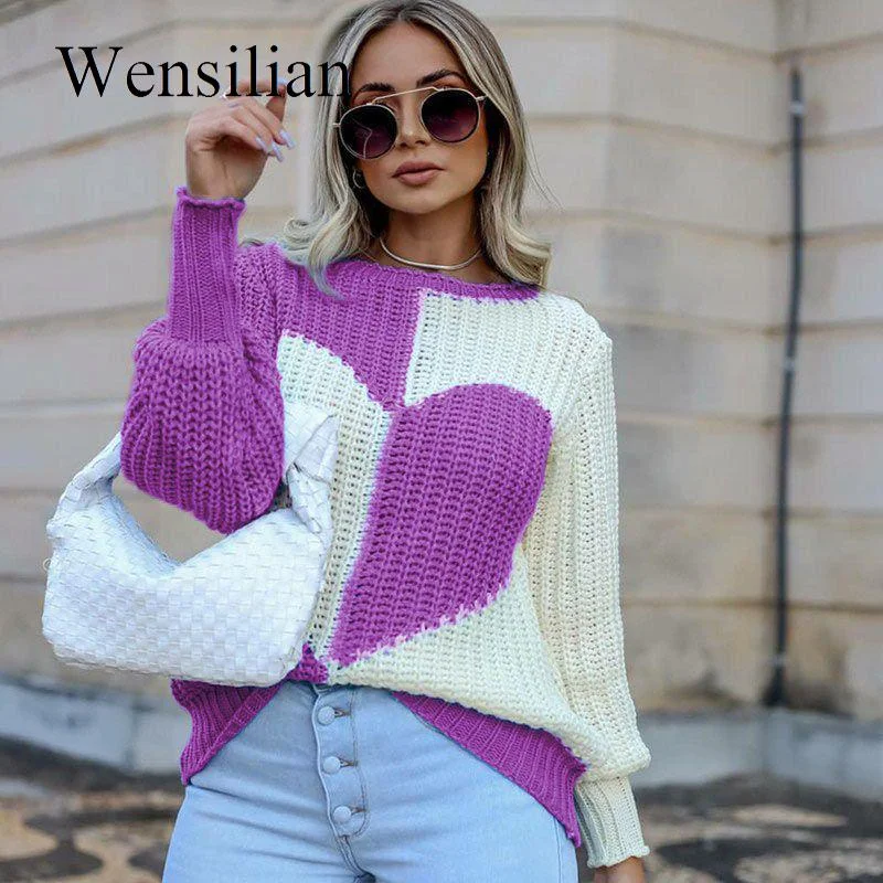 Women Knitted Sweater Autumn Thin Heart Print Patchwork O Neck Pullovers Casual Long Sleeved Love Knitwear Loose Sueter Mujer
