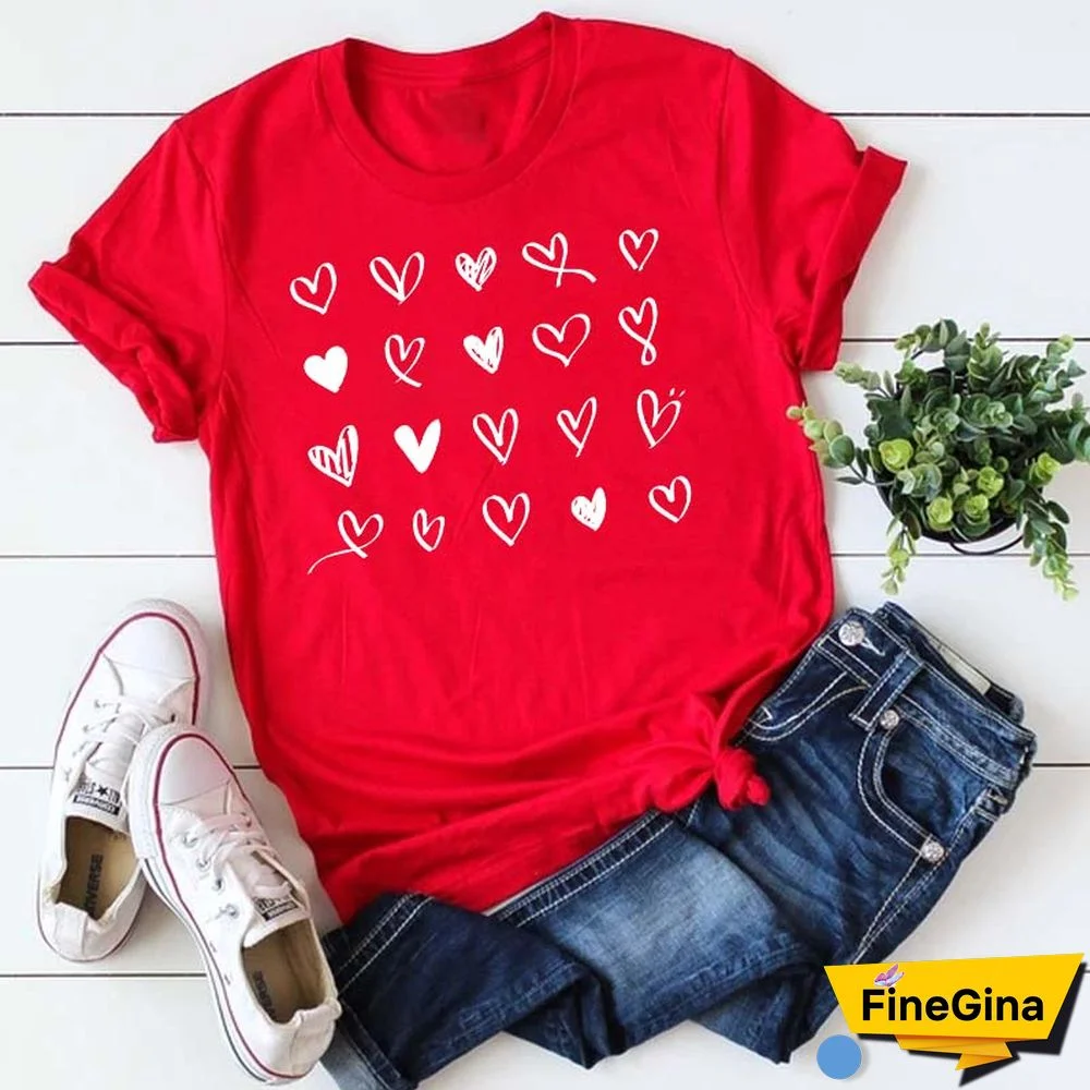 Maycaur Fashion Women T Shirt Love Heart Printed T Shirt Casual Red Tops 90s Valentine's Shirt Female Harajuku Graphic Tshirt