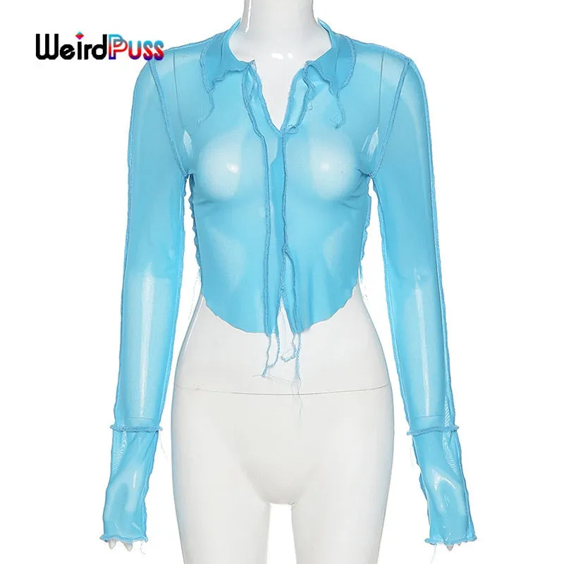 OrangeA sexy mesh v-neck women crop top long sleeve 2021 fashion summer neon color club party wear t shirts see through outfits