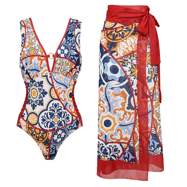 Printed One Piece Swimsuit and Sarong Flaxmaker