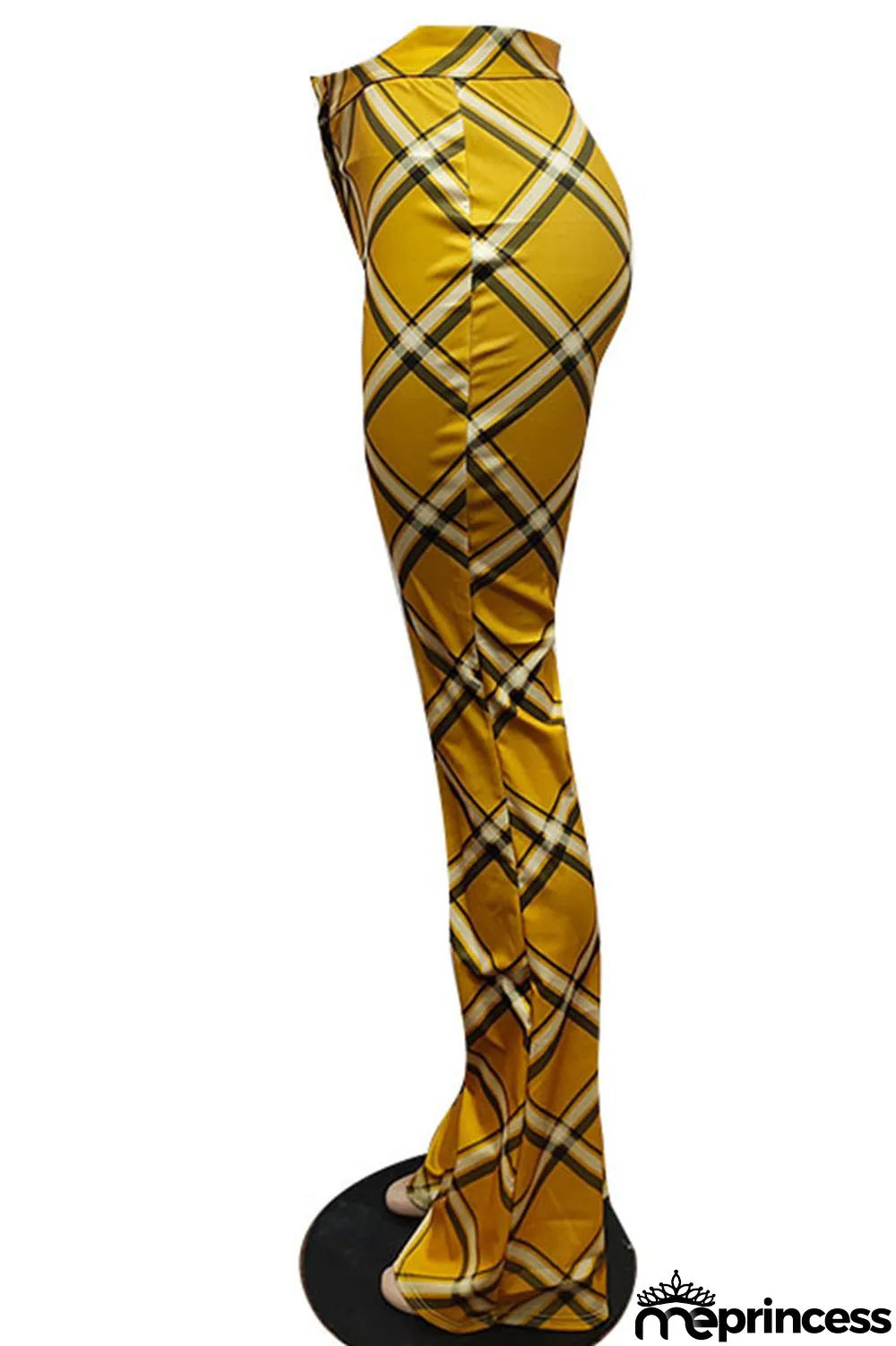 Yellow Casual Plaid Print Patchwork Straight High Waist Straight Full Print Bottoms