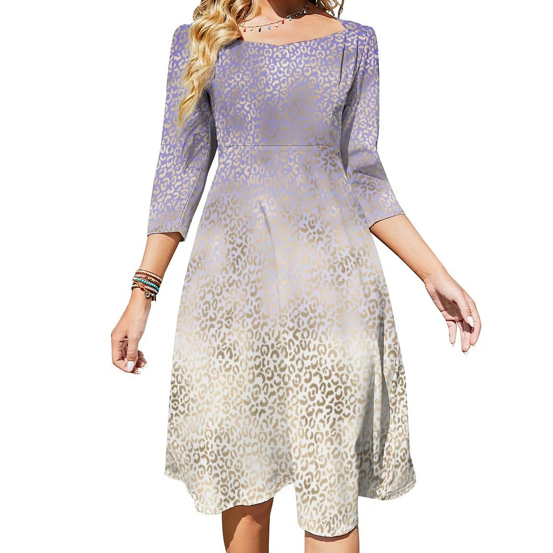 Purple Gold Ombre Leopard Print Dress Sweetheart Tie Back Flared 3/4 Sleeve Midi Dresses