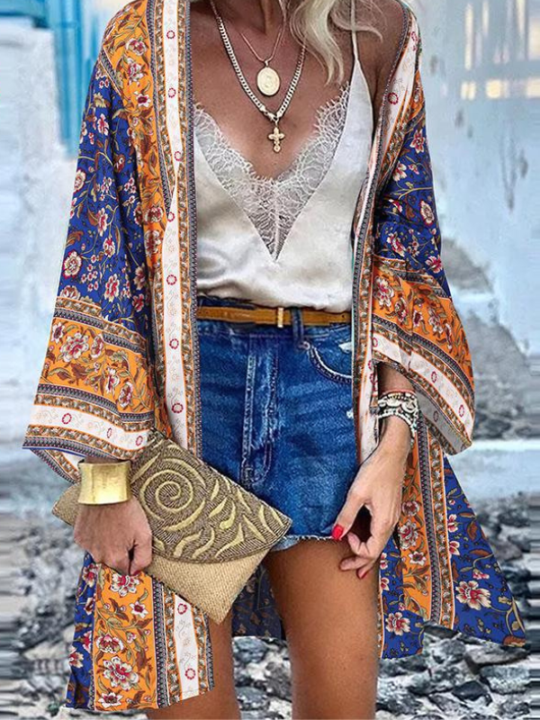 Women's Open Summer Beach Cover Casual Vintage Floral Print Doll Sleeve Cardigan