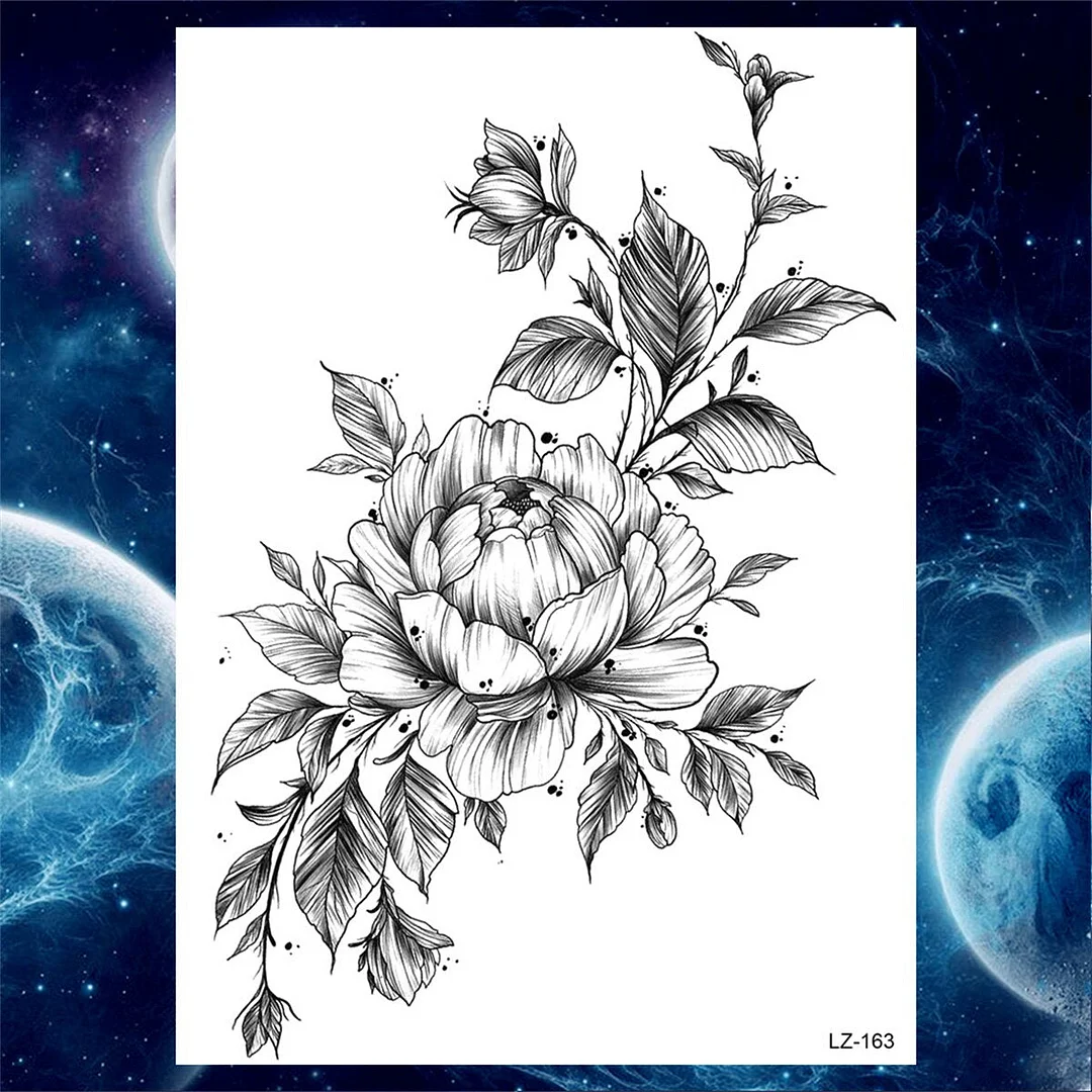 Butterfly Flower Temporary Tattoos For Women Moon Peony Tattoo Sticker Floral 3D Rose Fake Jewelry Black Large Tatoos Sexy Girls