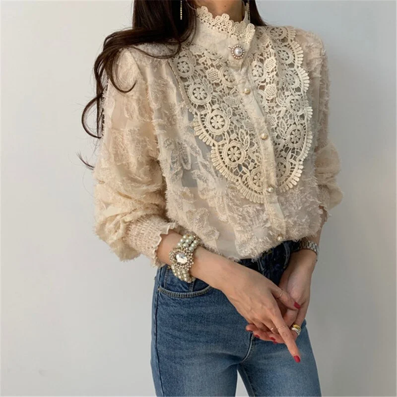 Crochet Lace Blouses Women Korean Ladies Solid Color Stand Collar Long Sleeve Blusa Vintage Blouse Spring Shirt Tops