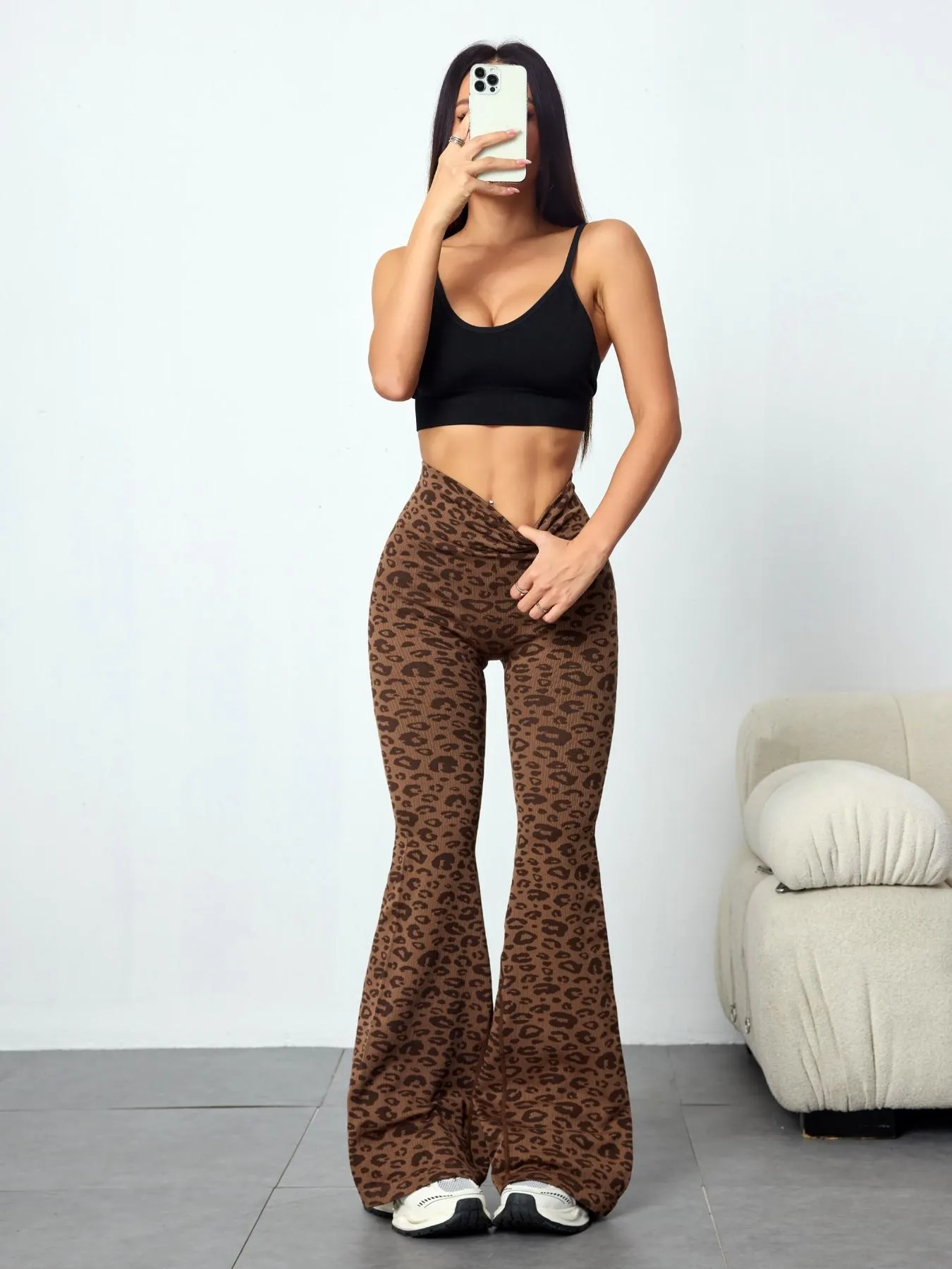 Women's Leopard Print Seamless Knit Flared Pants, High Waist Butt Lifting Yoga Training Pants, Sporty Fashion Casual Wear, Flared Yoga Bottoms