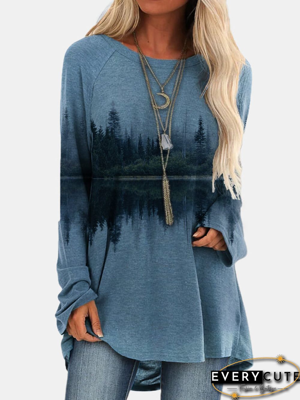 Landscape Printed Long Sleeve O-neck Asymmetrical T-shirt For Women