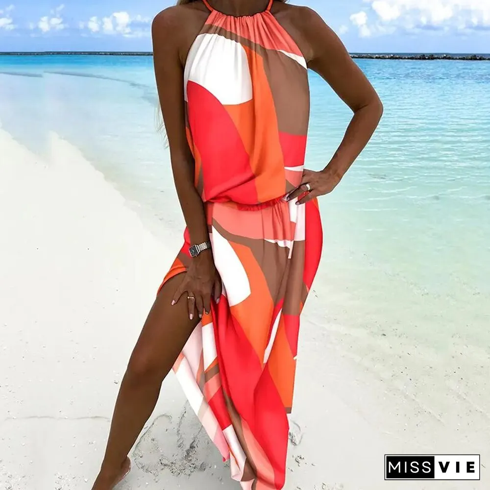 Sexy Halter Neck Off Shoulder Long Beach Dress Ladies Summer Fashion Boho Print Women