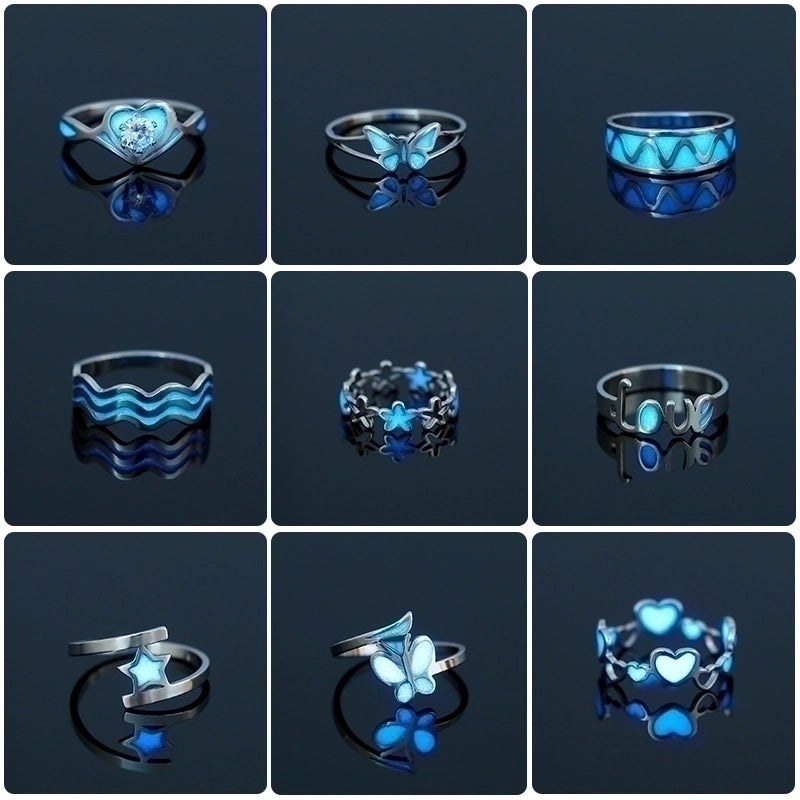 Sweet Heart Shape Butterfly 201 Stainless Steel Zircon Luminous Inlay Stainless Steel Rings