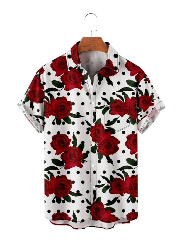 Men's summer short-sleeved shirt rose flower vacation Hawaii vacation men's shirt printed shirt S-4XL