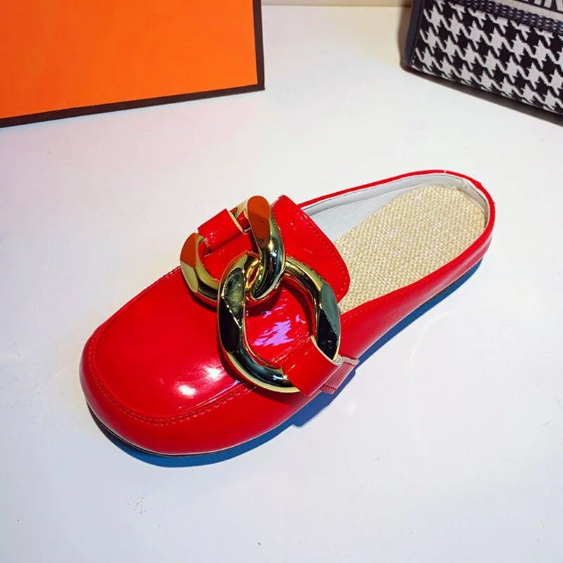 Summer Women Slipper Low Heels Casual Slides Flip Flop Round Toe New Arrival Brand Design Gold Chain Closed Slip On Shoes Mulles