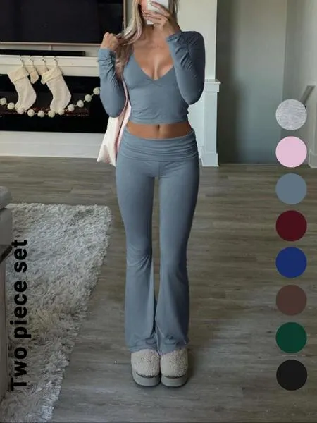 Elegant Casual V-Neck Long Sleeve Two-Piece Set, Slim-Fit Crop Top & Pants for Fall Winter, Moderate Fabric, Plain Color Design