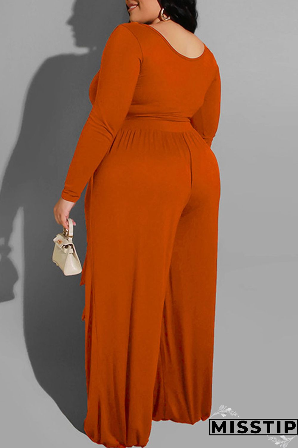 Brown Casual Solid With Belt O Neck Plus Size Two Pieces
