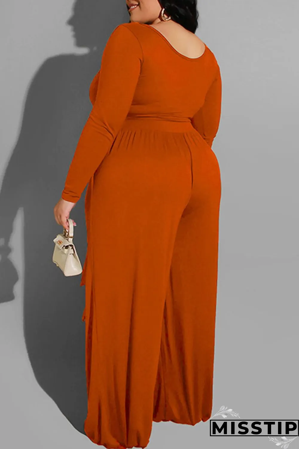 Brown Casual Solid With Belt O Neck Plus Size Two Pieces