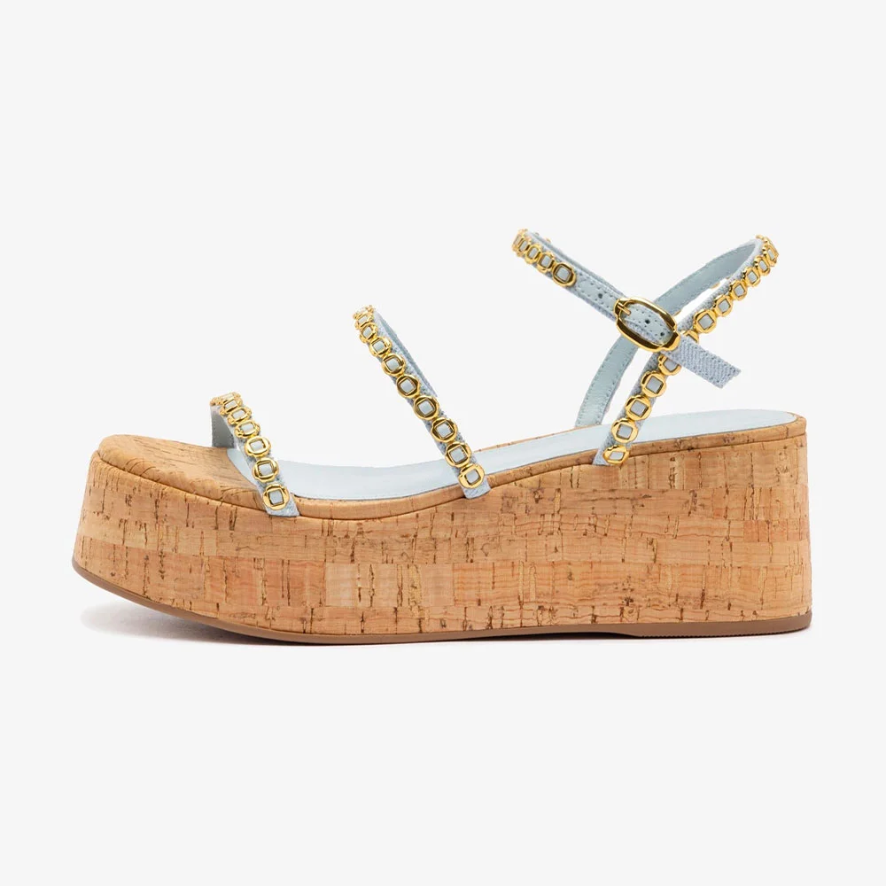 Light Blue Ankle Strap Open Toe Platform Heel Sandals with Gold Accent